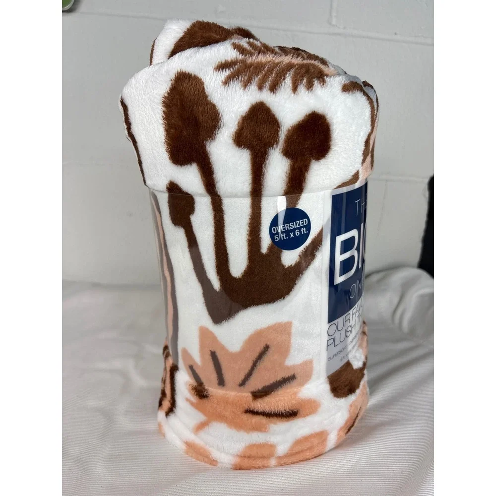 The Big Ones Plush Autumn Throw Oversized 5x6 Mushroom Leaf Brown Peach White